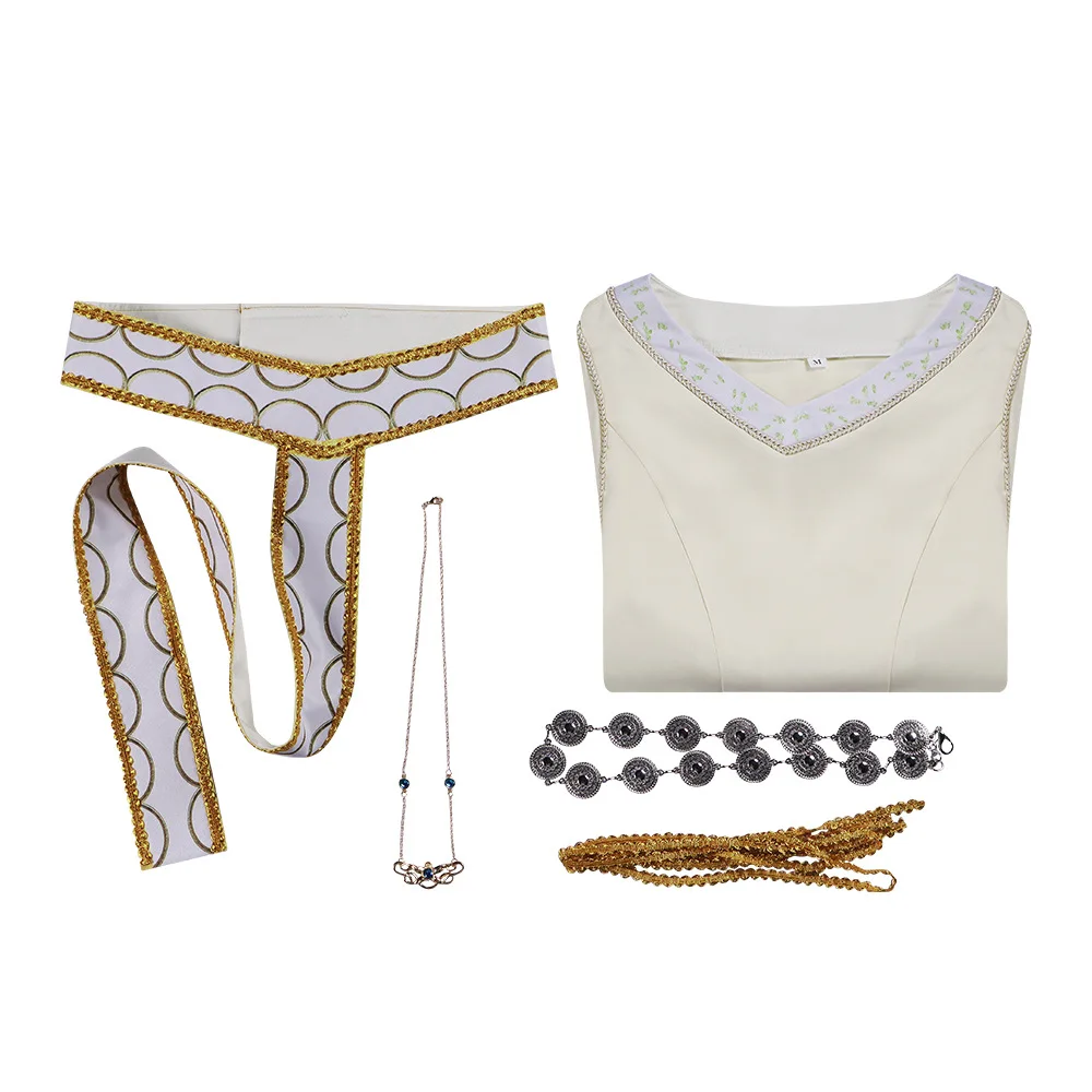 فستان نسائي من فيلم Eowyn التنكري للهالوين من الصوف الأبيض مع ملحقات للحفلات الكرنفالية أو ملابس المسرح