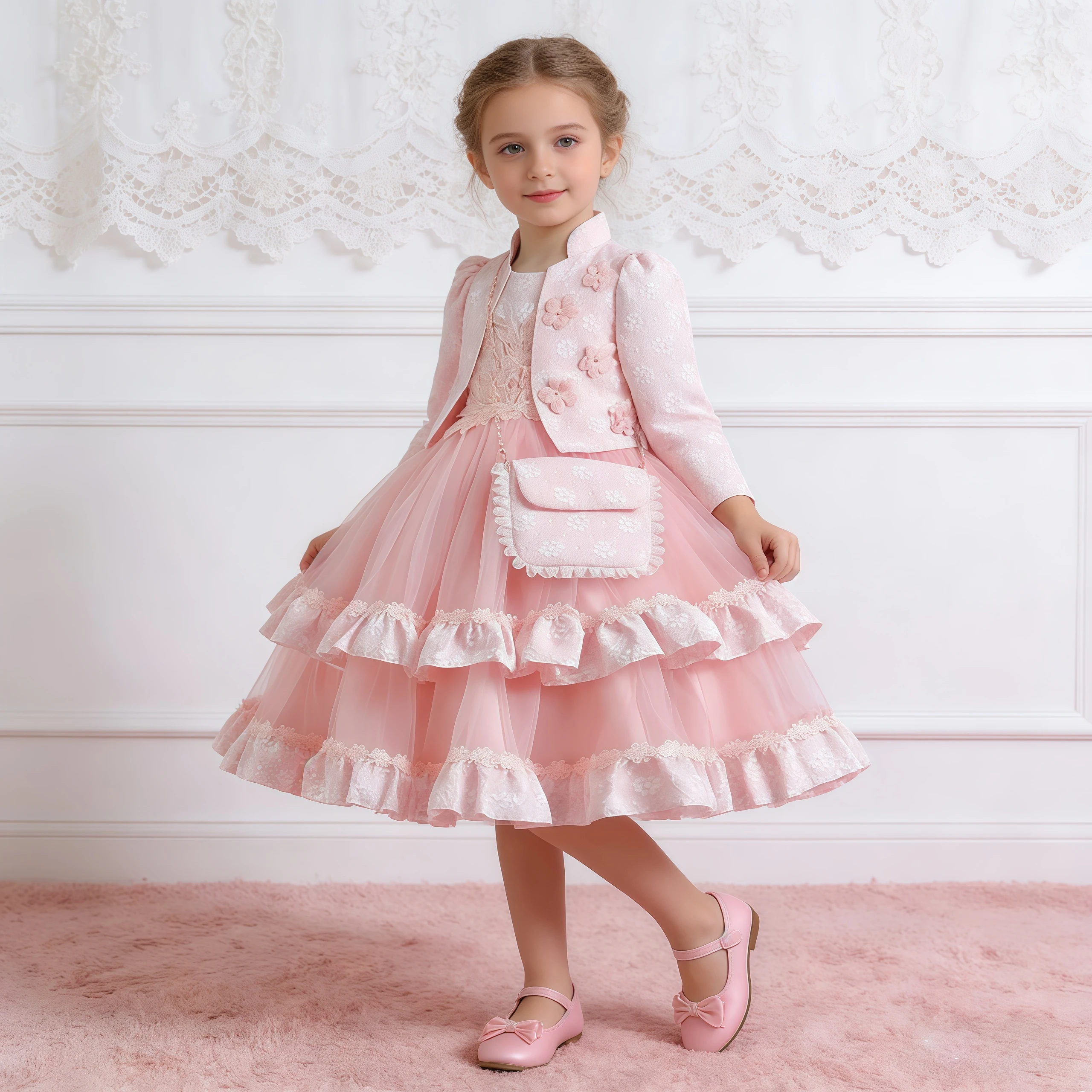 Jacquard Gown Long Sleeve Three-Piece Suit Children Party Dress With Jacket For Kids Wedding Performance Birthday Festival Gown