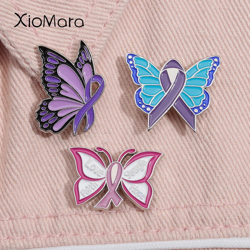 Ribbon Butterfly Enamel Pin Domestic Violence Awareness Breast Cancer Awareness Brooch Guarding Mental Health Badge For Women