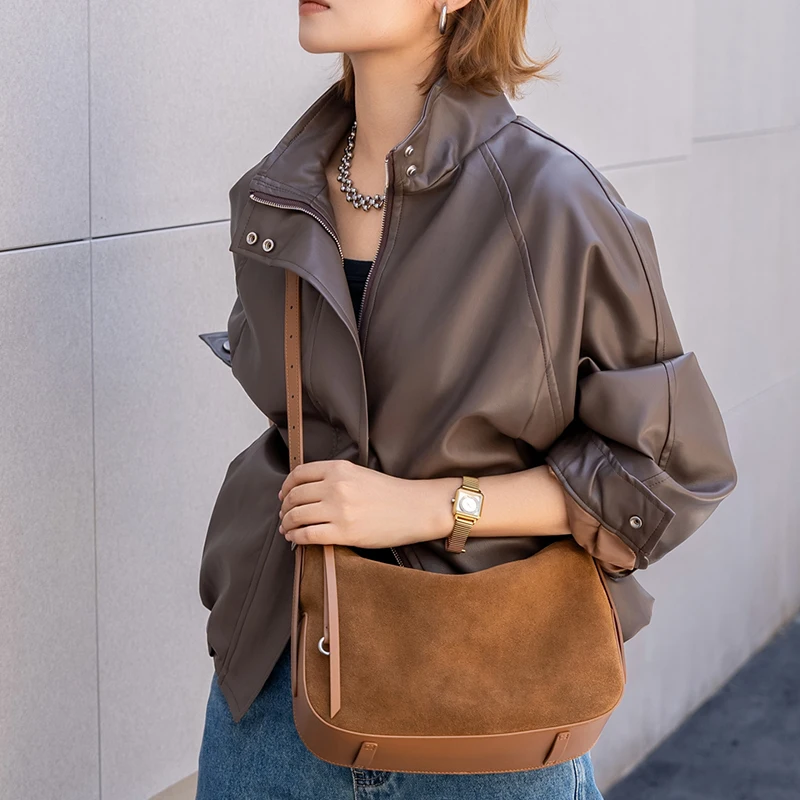 Genuine Suede Cowhide Women Hobo Shoulder Bag Splicing Edge Real Leather Underarm Bag Adjustable Strap Casual Ladies Daily Purse