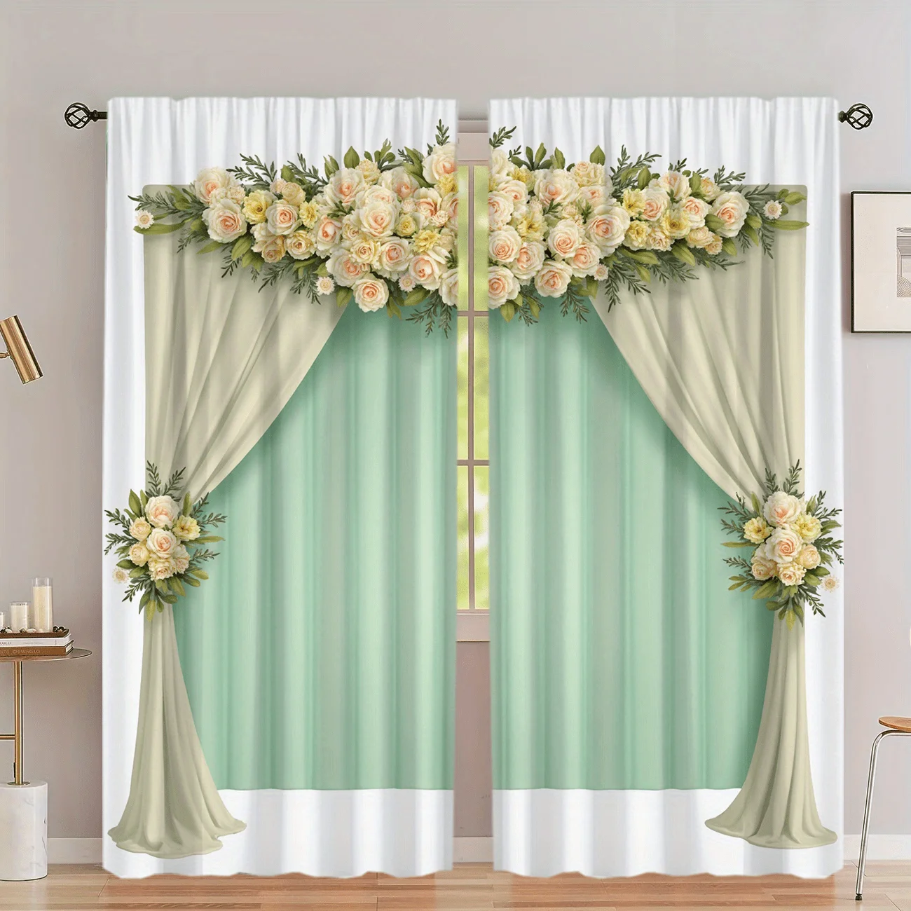2pcs Blackout Curtains – Elegant Floral Arch Design in White & Green Polyester for Living Room & Bedroom with Rod Pocket