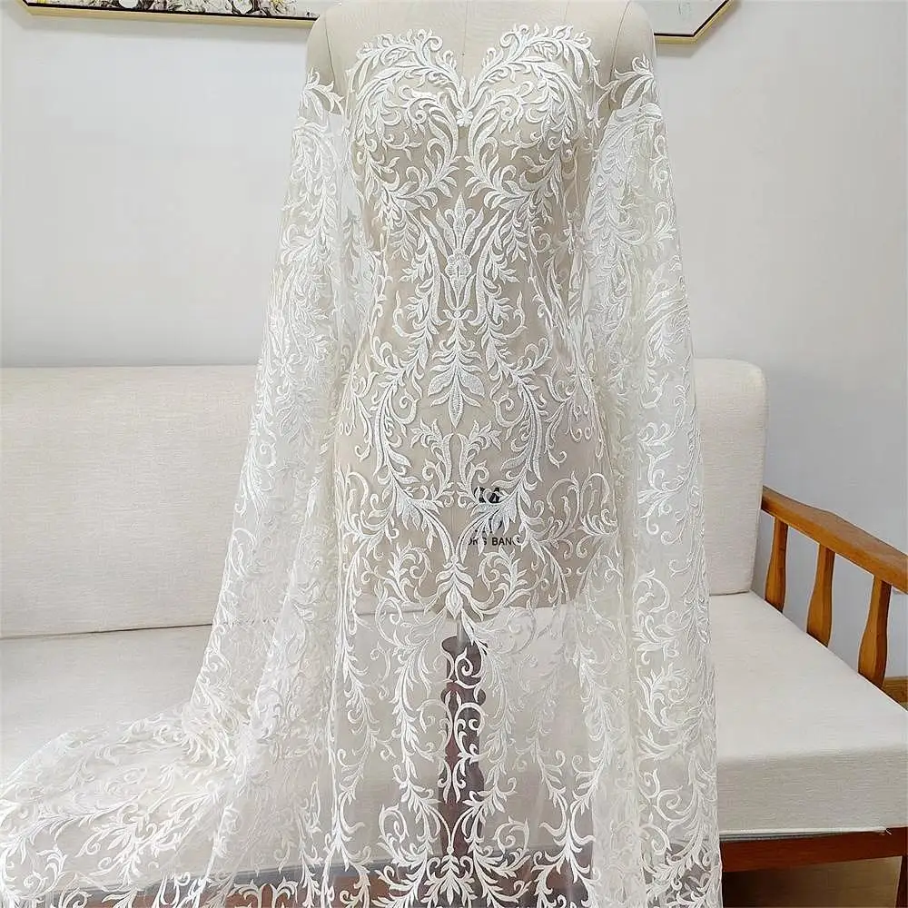 

New White Mesh Embroidery Fabric Wedding Dress Handmade DIY Accessories Clearance