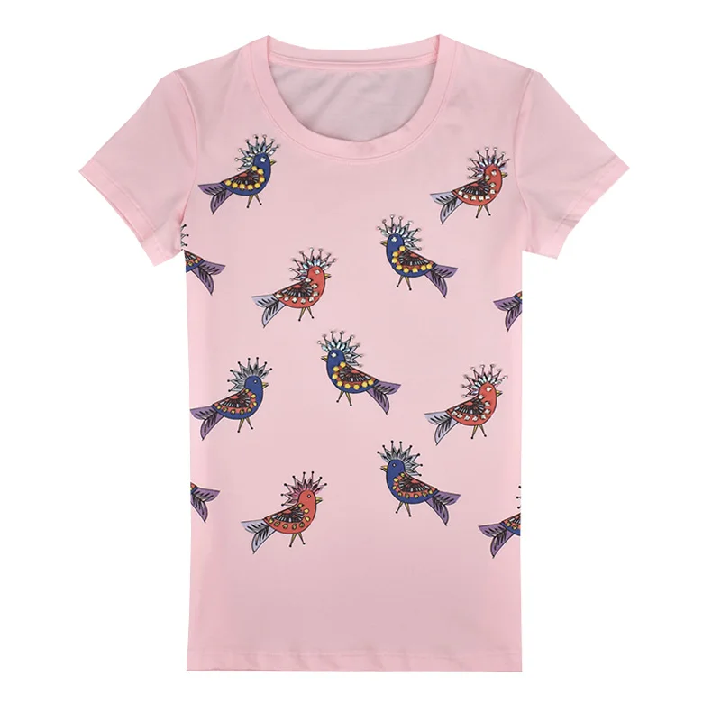 

Top Women's Fashion Retro t-shirt Beading Birds Print Spring Short Sleeves Summer Ladies Diamond Women's T-shirt