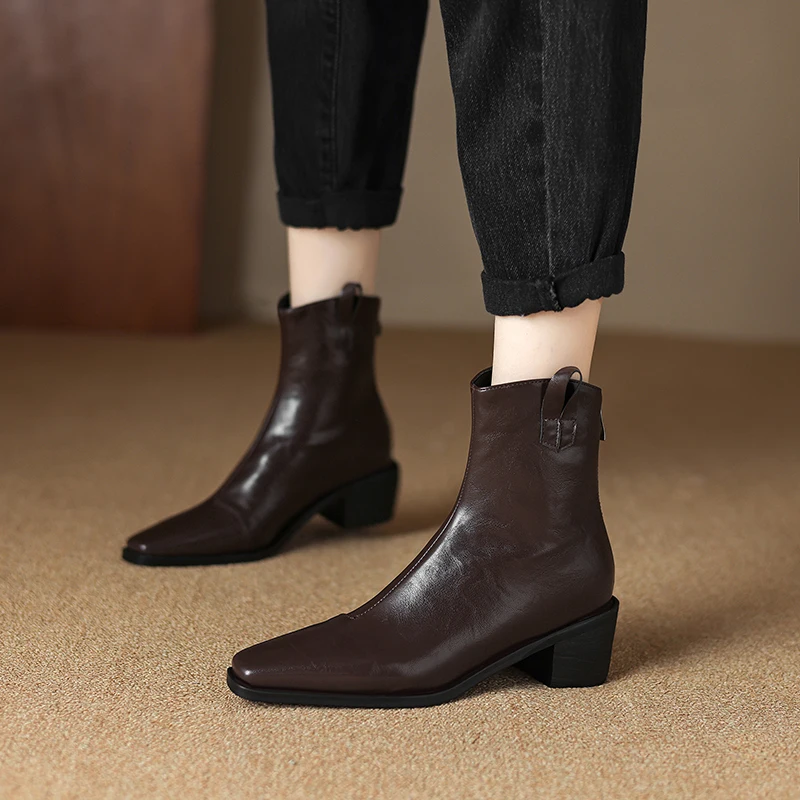 Petite Feet Fake Leather Women Ankle Boots Back Zipper Black Brown High Block Heels Autumn Oversize Square Toe Western Boots