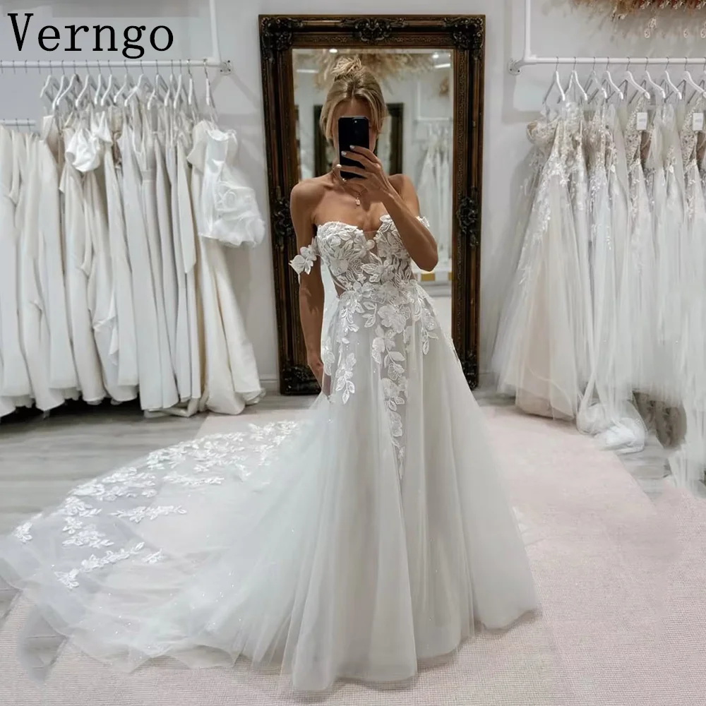 

Verngo Appliques A Line Bride Dress Off The Shoulder Sweap Train Bridal Gowns Women Elegant Wedding Dress Customized