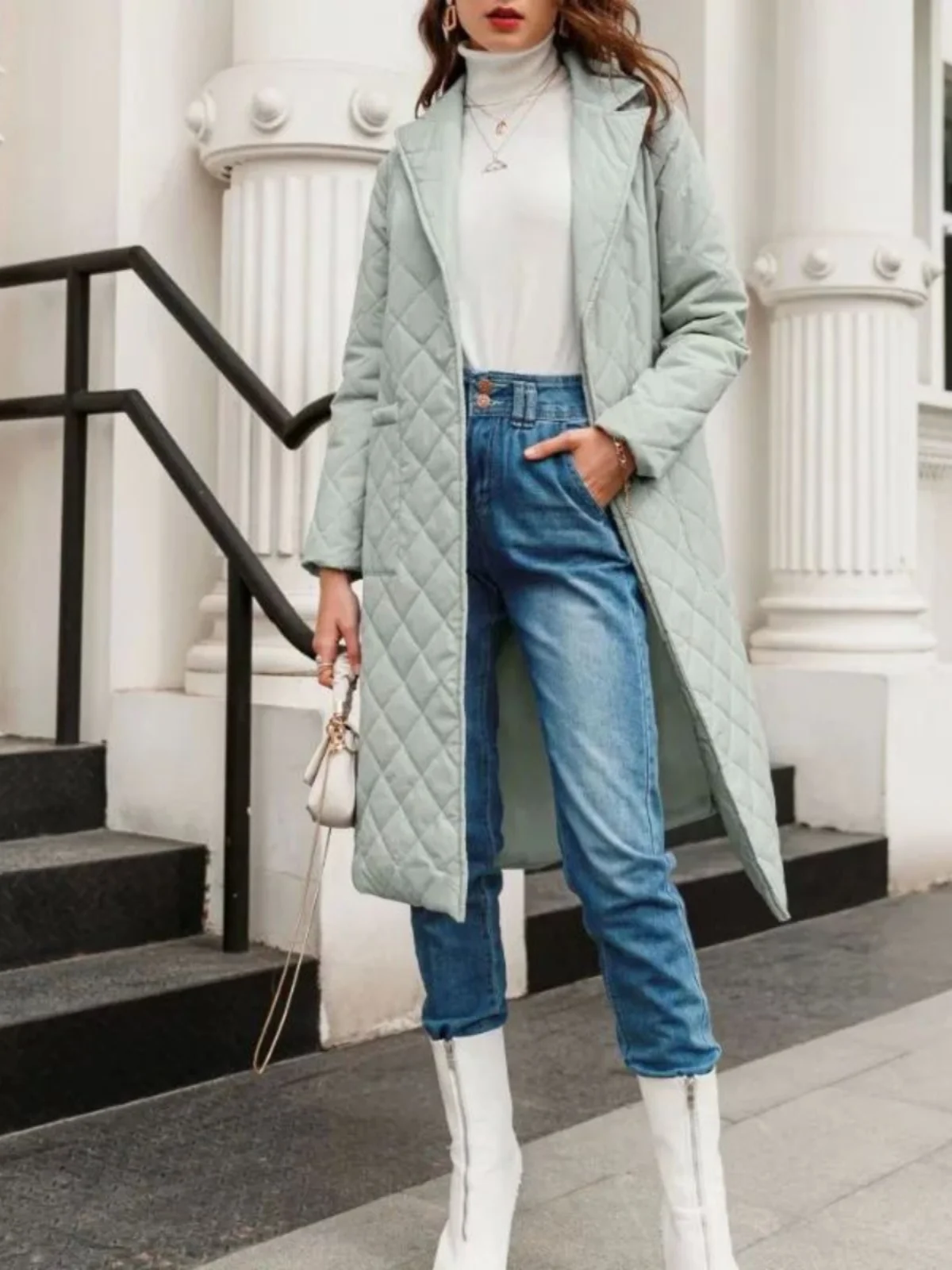 ストリート-sle-ベルト付きミッドレングスラペルピュアカラーカジュアルコートストレートカットロング-sve-v-ne-アウターウェア女性用