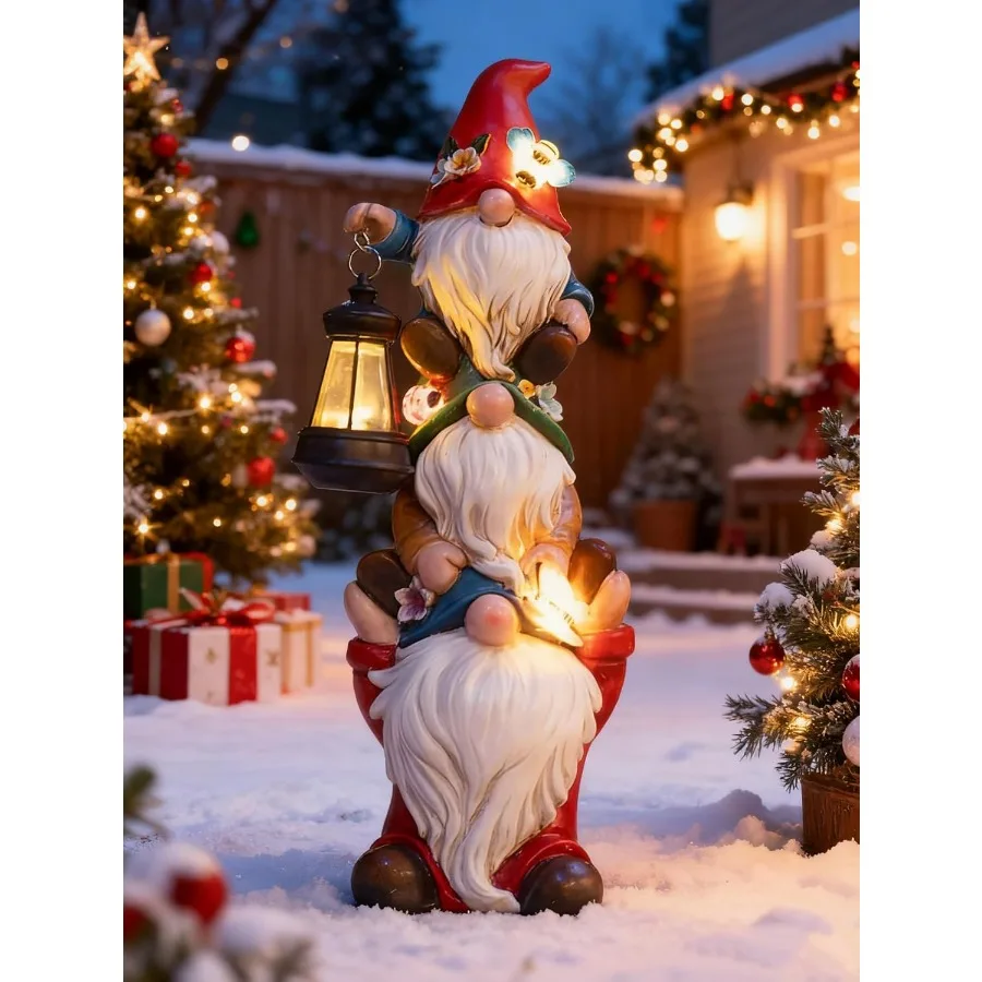 

17 in Large Garden Gnome Statue with Solar Lights Sculptures Funny Triple Big Gnome Outdoor Patio Lawn Yard Balcony Garden Home