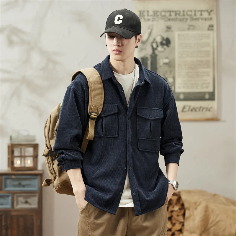 

men 3D stripe streetwear fashion loose casual oversize long sleeve outdoor cargo shirt comfortable large size spring autumn coat