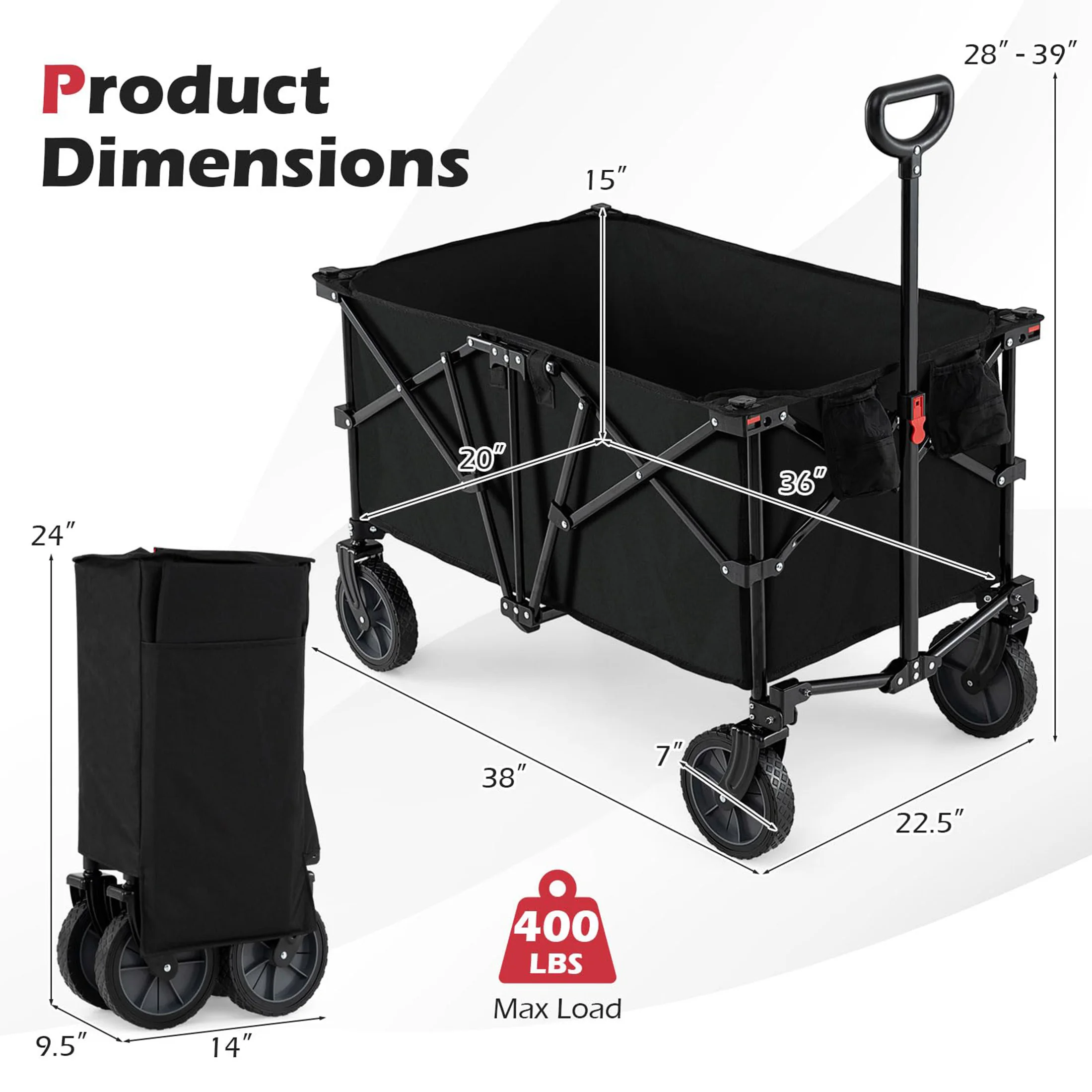 Collapsible Wagon Cart, 400 LBS Heavy Duty Folding Beach Wagon with All Terrain Wheels and 2 Cup Holders, 180 L Portable Utility Cart with Adjustable Handle for Camping, Shopping, Outdoor Sports, Black