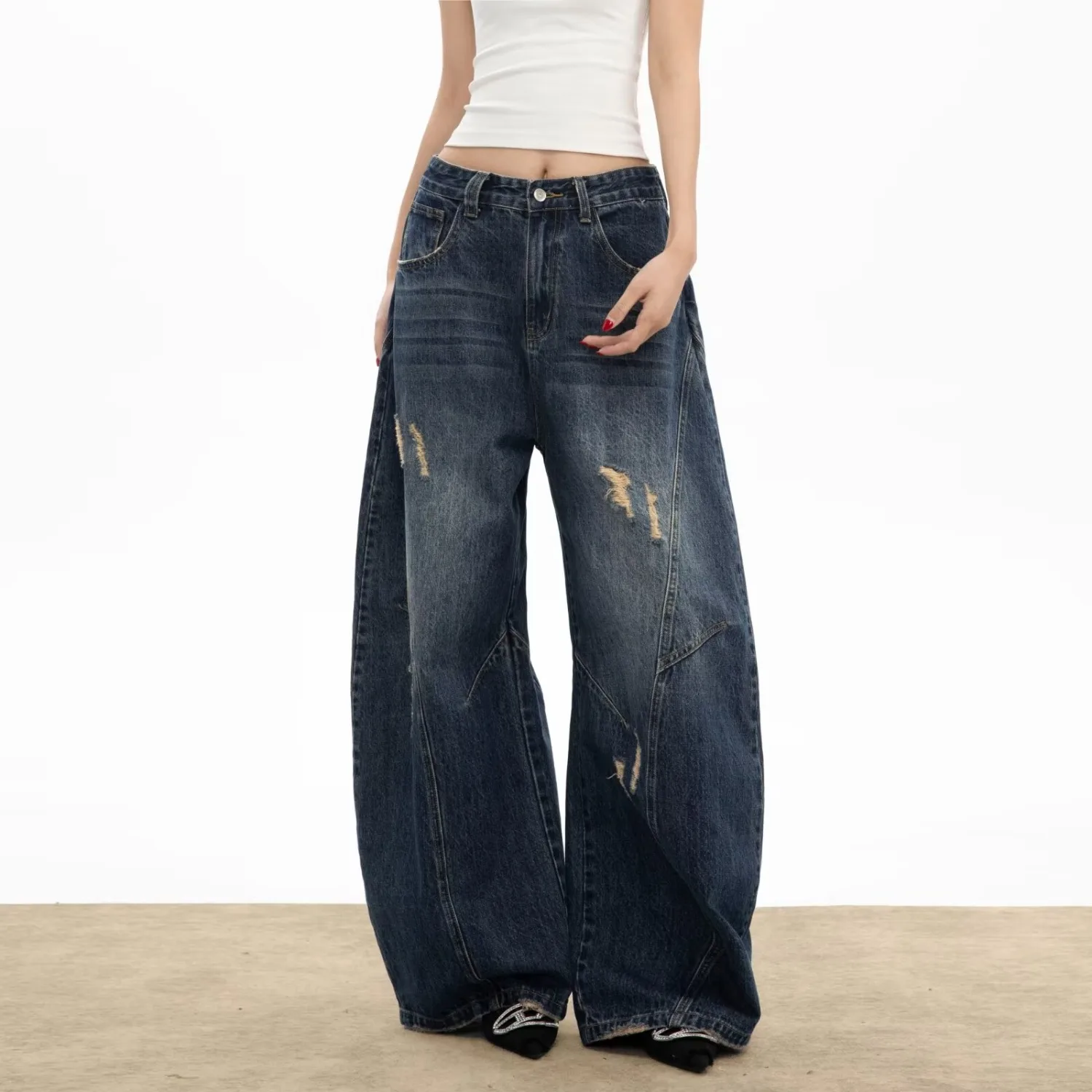 

2025 Men Solid Color Spliced Jeans Pants Man Vintage High Street Denim Pants Male Casual Loose Straight Wide Leg Jean Trousers