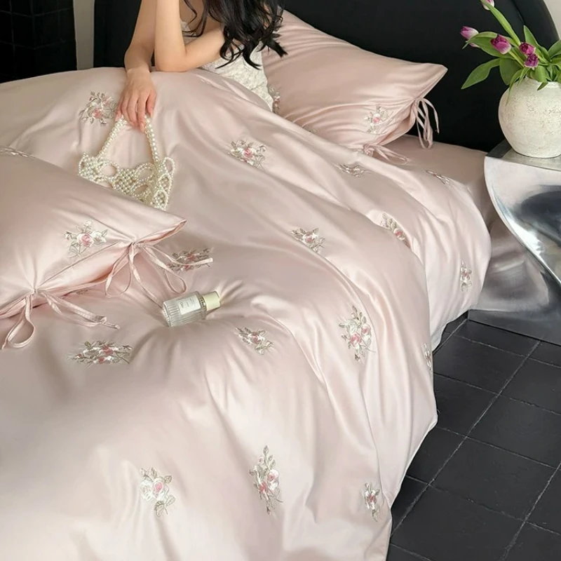 Long Staple Cotton Pink Princess Style High Count All Cotton Four Piece Set Embroidered Rose Light Luxury Pure Cotton Bedding