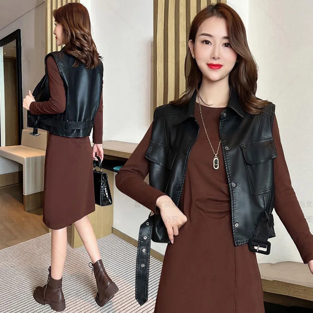 Spring Autumn Leather Vest Jacket Women Turn-down Collar Single-breasted Solid Gilet Casual Sleeveless Short Female Waistcoat