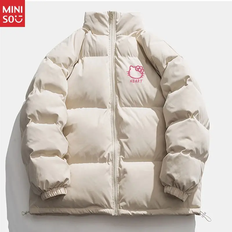 سترة منتفخة من Miniso Hello Kitty، معطف شتوي بياقة واقفة مع سحاب