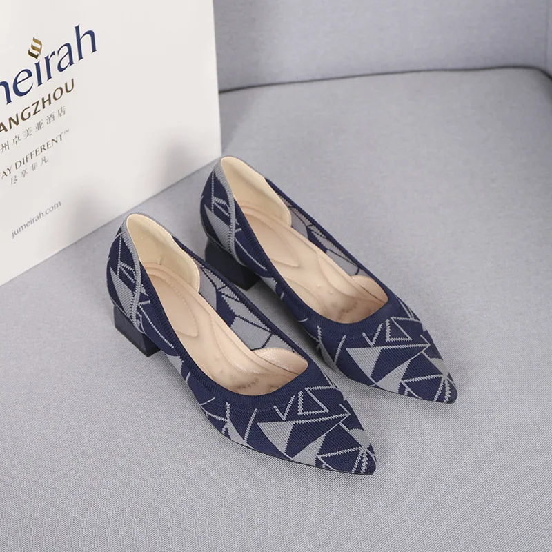 New Shoes for Woman Fashion Pumps High Heel Women Shoes Stretch Fabric Pointed Toe Square Heel Quality Ladies Shoes Platform
