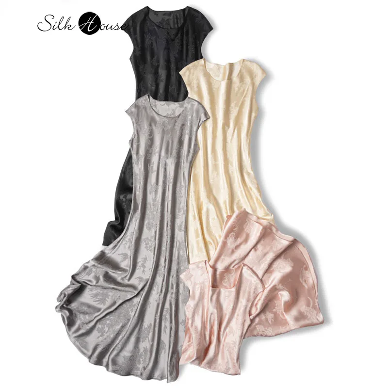 

High Luxury Quality Heavyweight 93% Natural Mulberry Silk Elastic Relief Flower Oblique Cut Women's Round Neck Evening Dress