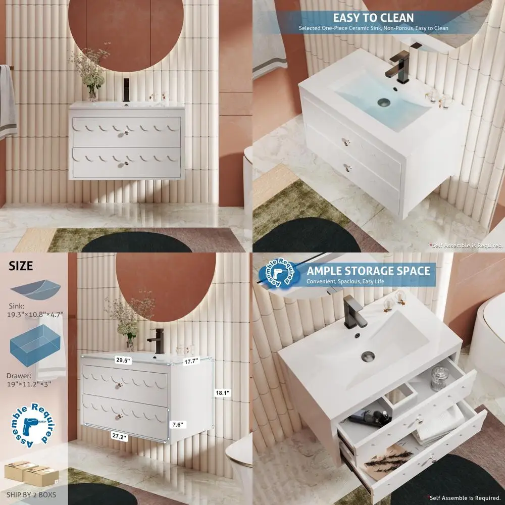 حمام عائم حديث مثبت على الحائط مع حوض، 30 خزانة تخزين تتميز بحواف زخرفية معاصرة #1