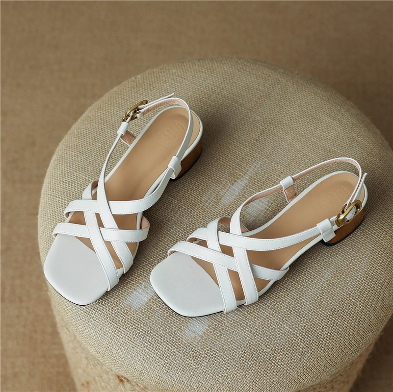 Meotina Women Genuine Leather Square Toe Thick Mid Heel Sandals Buckle Narrow Band Ladies Fashion Casual Shoes Summer Beige