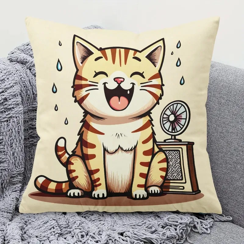 Cute Cartoon Orange Cat 2D Flat Printed Peach Skin Pillow Case Funny Summer Sweating Kitty Cushion Cover For Sofa Living Room