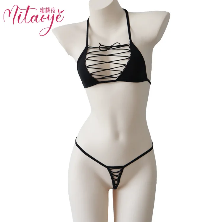 

Sexy Lingerie Three-piece Hollow-out Bikini Set Ice Silk Elastic Halter Top Smooth Pure Desire Casual Style Bikini Sets 68SF