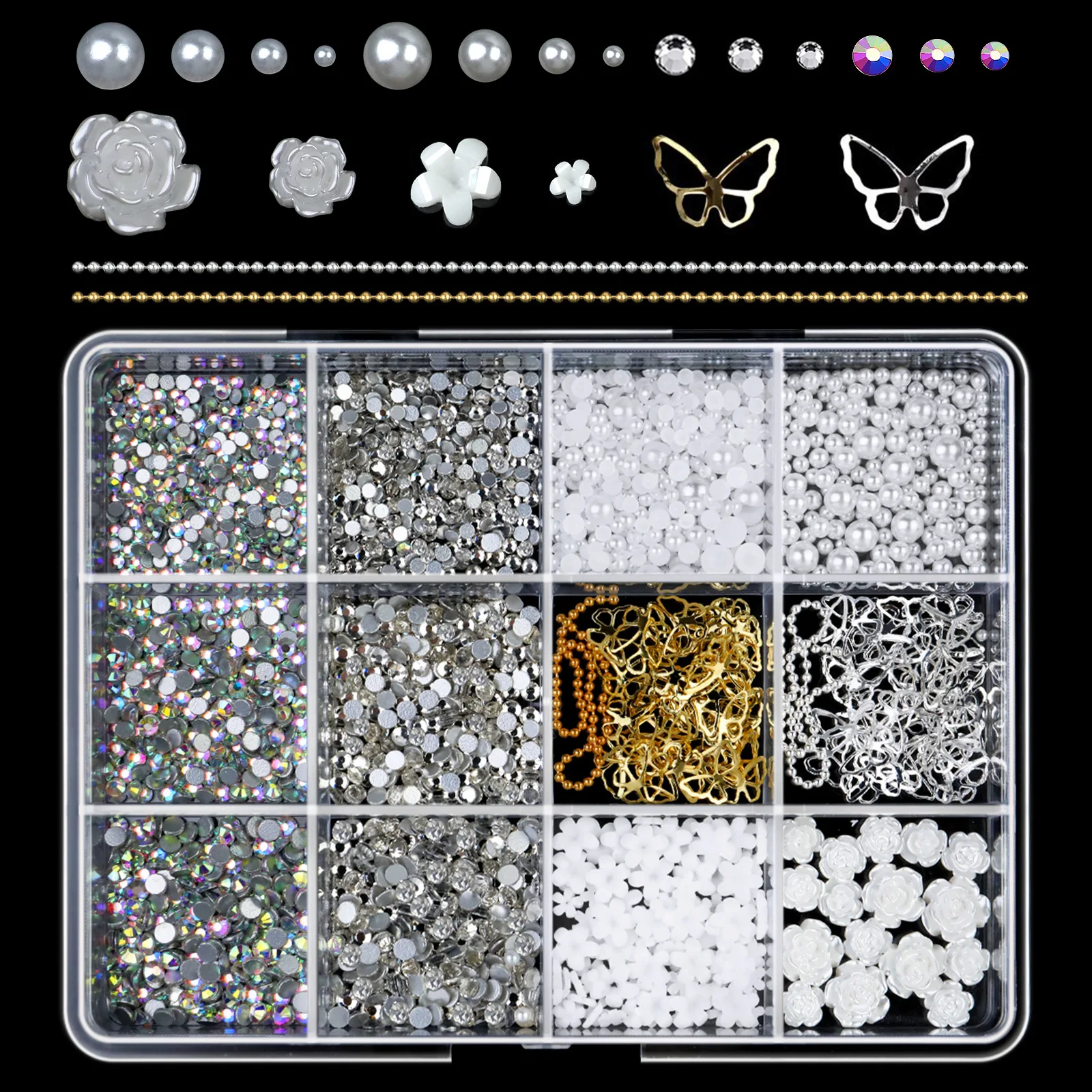 1 Box Rosa Weiß Serie Schleife Herz Nagel Charms 3D Acryl Nail art Dekorationen Perle 5-blütenblatt Blume Schmuck maniküre Zubehör*