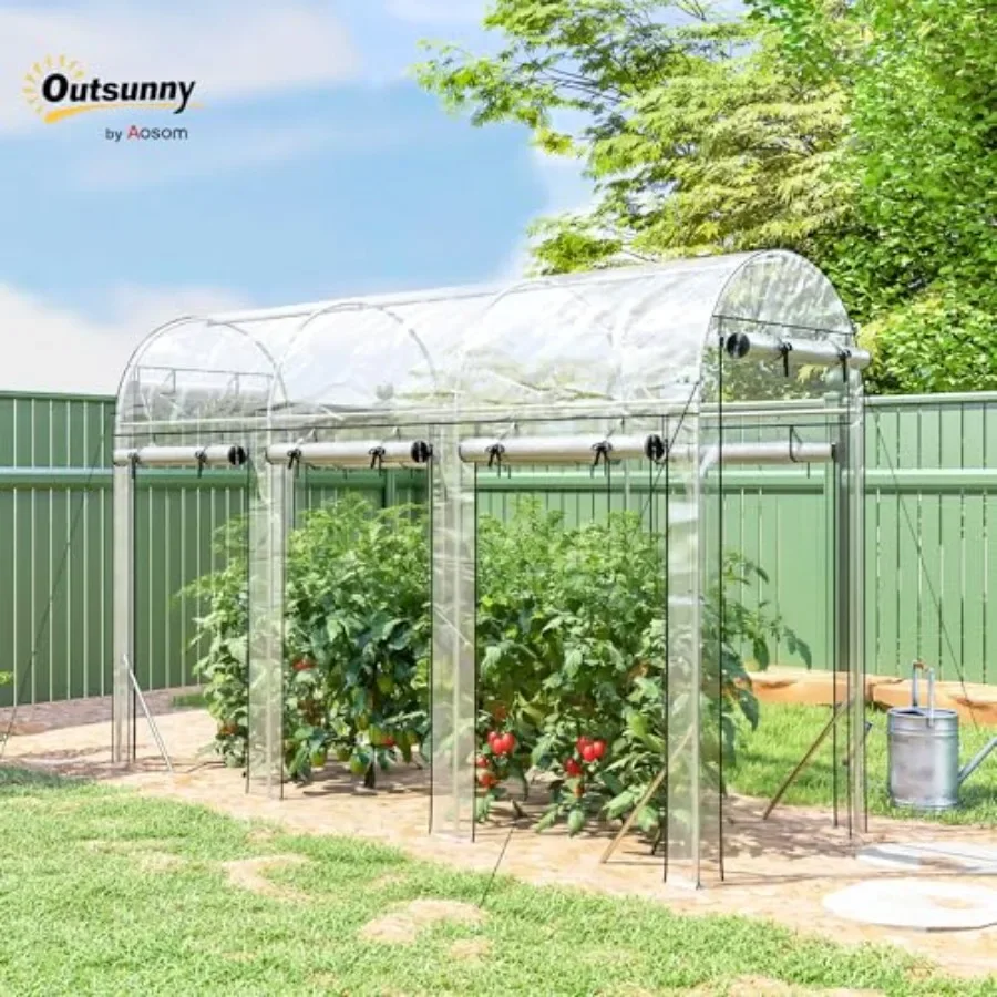 Walk-in Tunnel Greenhouse for gardening use, polyethylene material, green color, 10' x 3' x 6.5' with 8 roll-up doors and clear