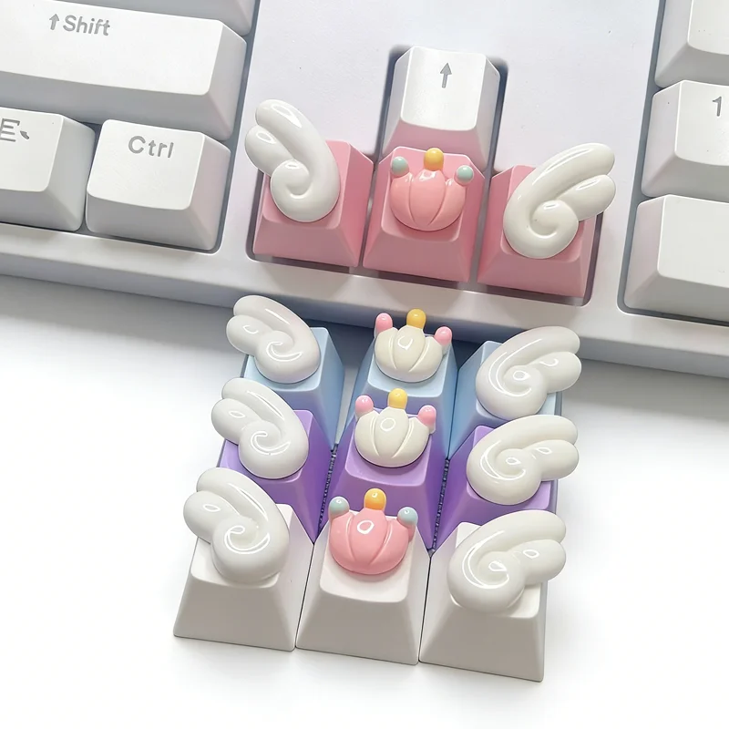 3pcs DlY mechanical keyboard keycaps, heart-shaped crown keycaps, personalized and creative replacement wings, angel keycaps