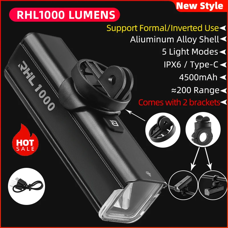 ROCKBROS Bicycle Light 1000Lumen Type-C Charging IPX6 Rechargeable Bike Front Light With Bike Computer Holder Bike Accessories