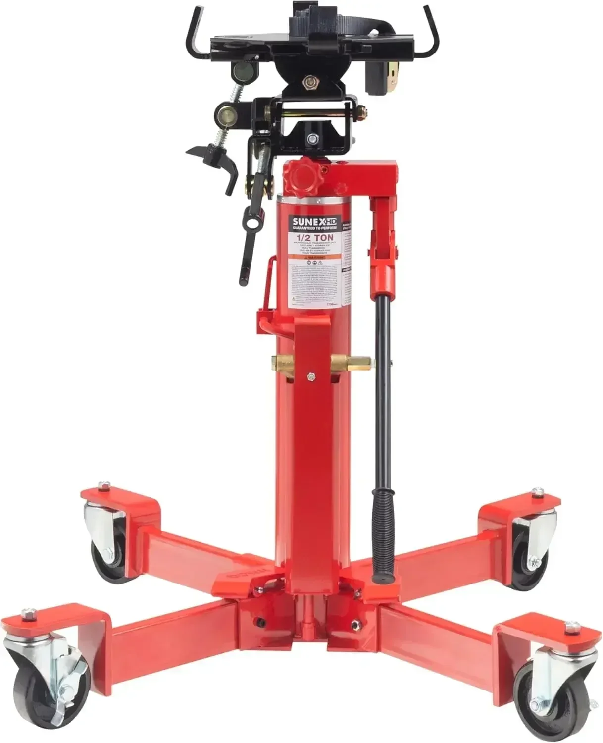 000 lb Telescopic Transmission Jack, Air/Hydraulic, Foot & Hand Pump, Adjustable Saddle Arms, 73.5 in Max Height, Model 7796
