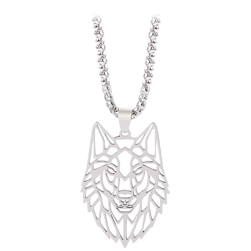 Wolf Head Stainless Steel Necklace Unisex Long Pendant Jewelry Forest Hollow Cut out Design Polished Animal Engagement Accessory