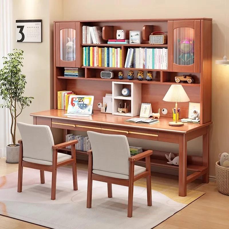 Solid wood double computer desk study writing table bookshelf integrated household bedroom desk two people side study table