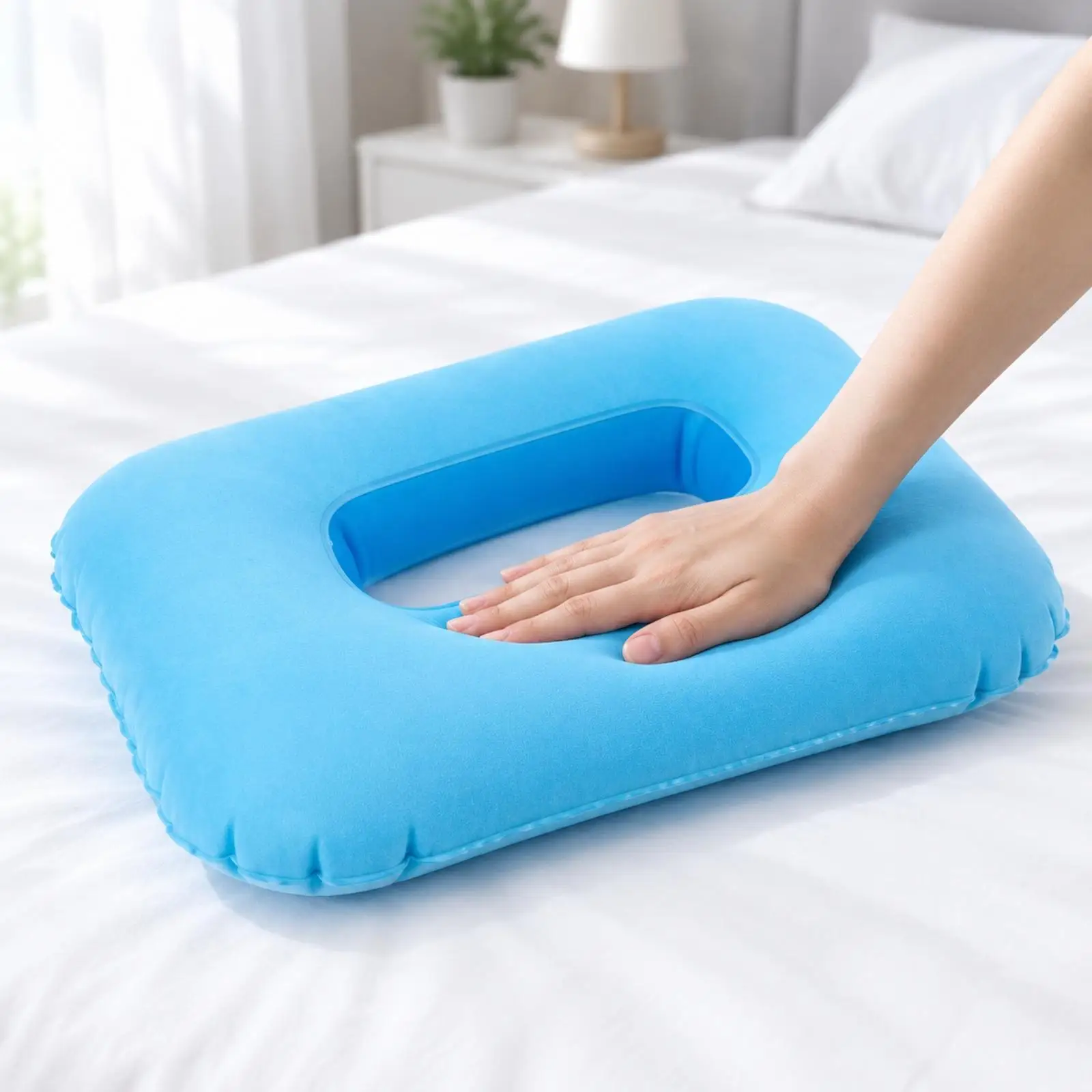 Portable Ear Pillow with Central Cutout Inflatable Adjustable Height Body Pillow for Flight Side Sleeping and Back Relief