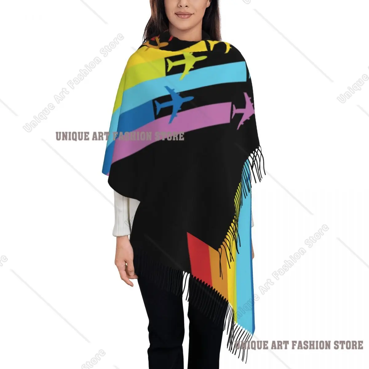 مخصص مطبوعة قوس قزح الطائرات Chemtrails وشاح النساء الرجال الشتاء الخريف الأوشحة الدافئة الطيران المقاتلة الطيار شال التفاف