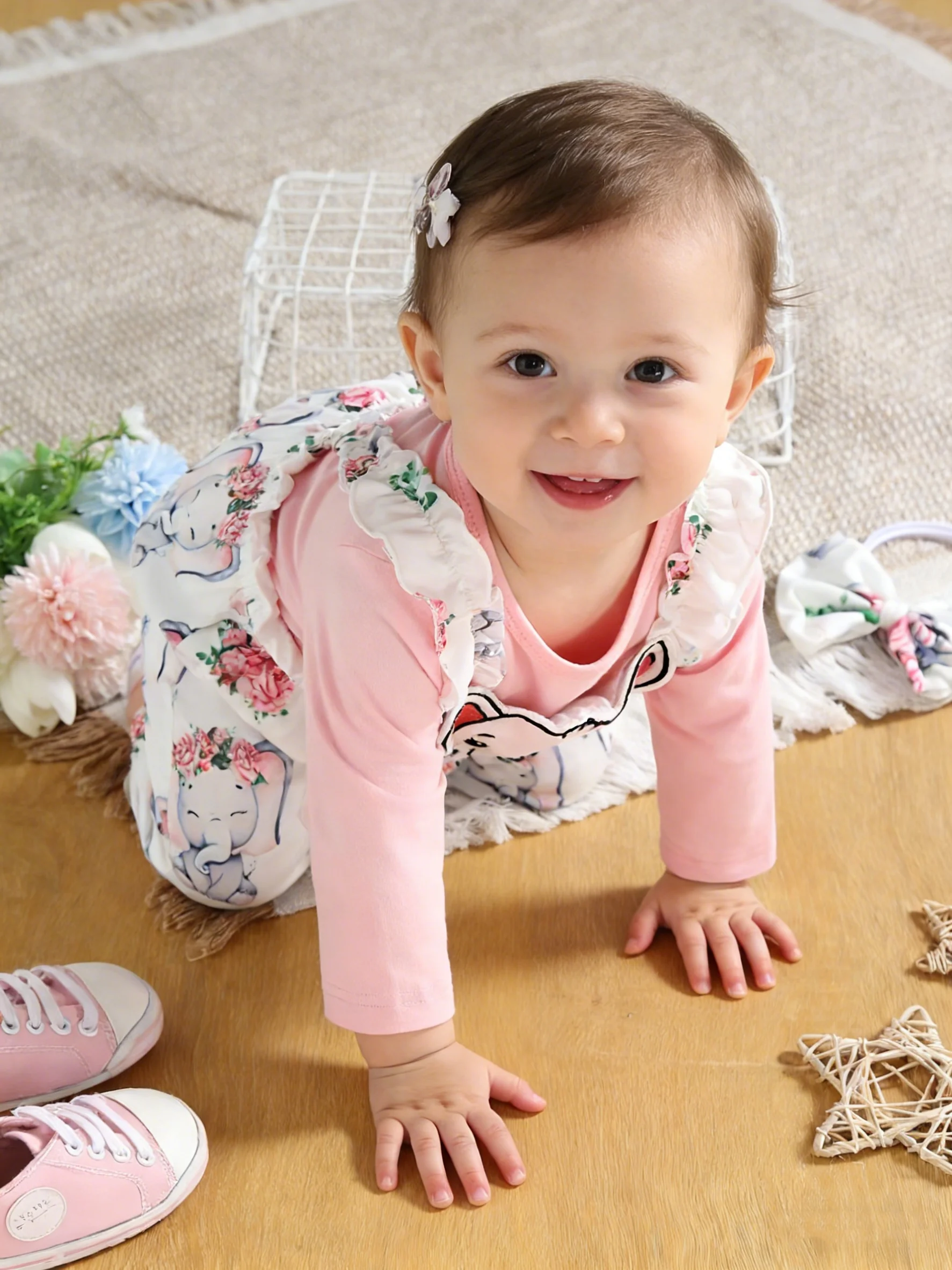 Spring Autumn New Baby Elephant Print Faux Two-Piece Onesie Infant Romper Suit with Button Closure And Cuffed Hands