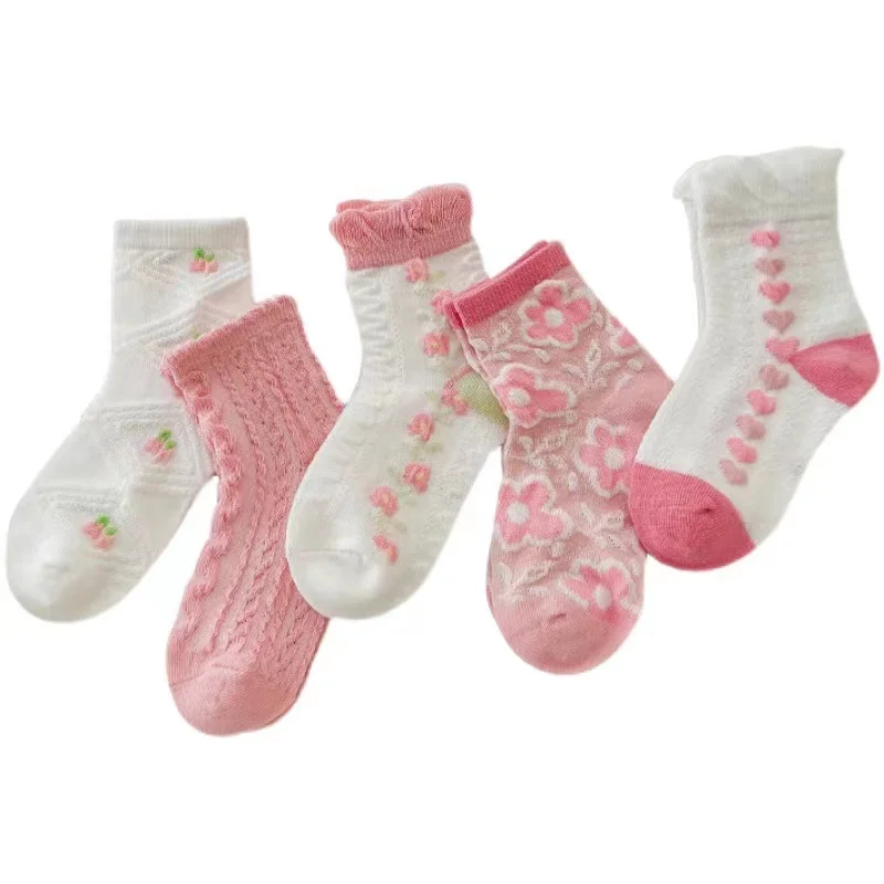 

Summer Cotton Solid Kids Pink Girls Socks Spring Flowers Heart Colorful Cute Comfortable Sweet Princess Socks For Child Girls