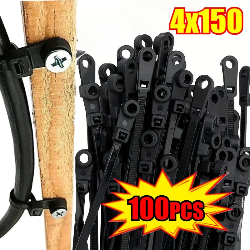 100pcs Nylon Cable Ties with Mounting Screw Hole Self Locking Loop Wraps Zipper Cables Tie Wire Fastening Straps Bundle Tool