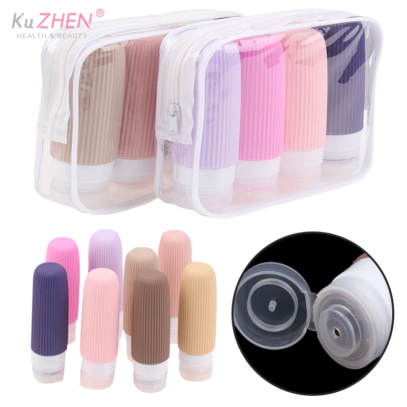 4 unids/set de botellas de viaje de silicona de PVC, contenedores de tamaño de viaje de 90ml, bolsa de aseo transparente exprimible líquida recargable a prueba de fugas