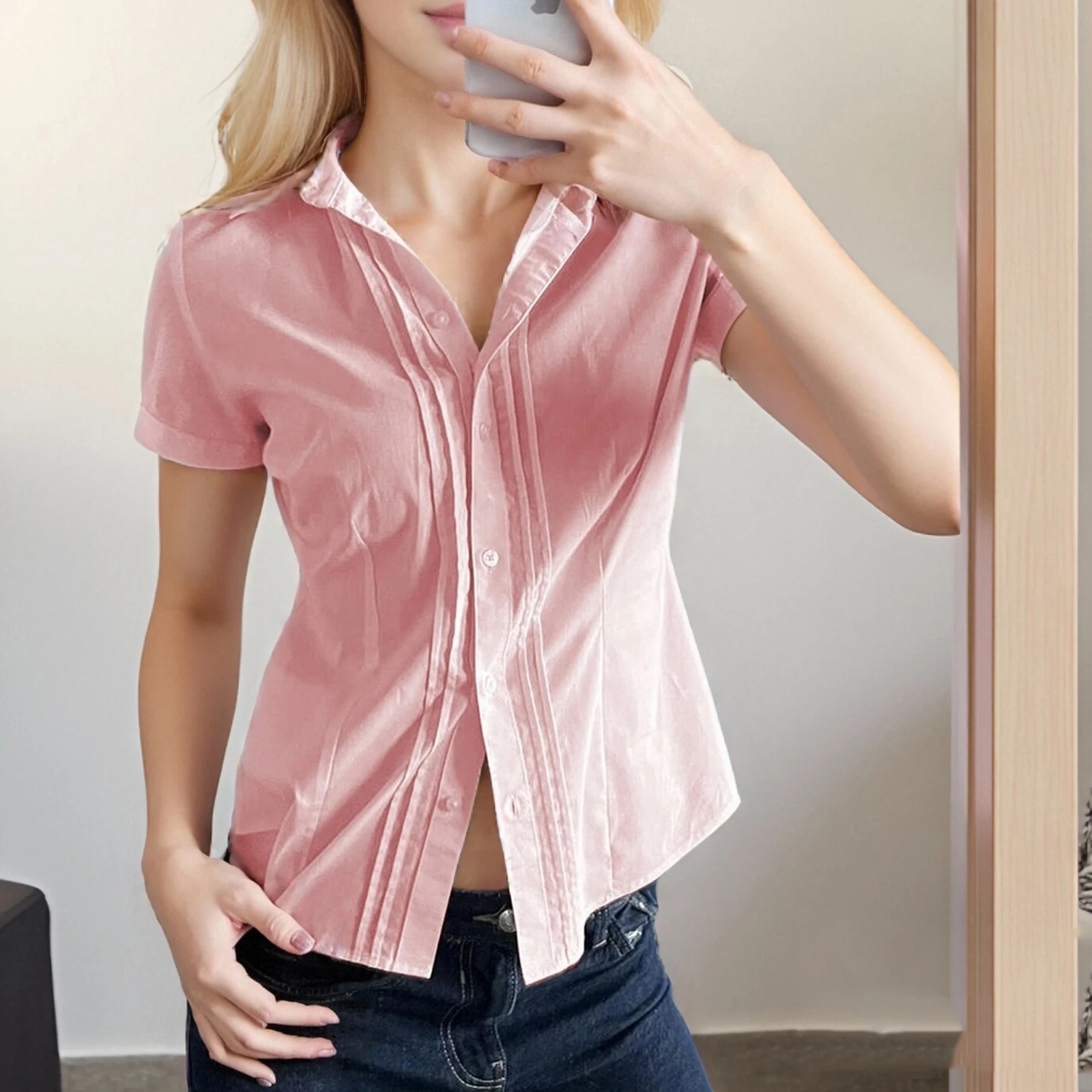 

Women Y2K Solid Button Down Shirt Coquette Short Sleeve V Neck Crop Top E-Girls Slim Fit Top Vintage Preppy Blouse Streetwear