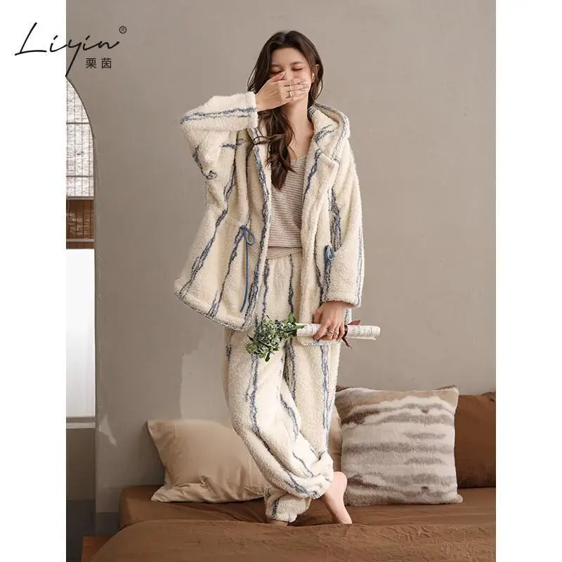 طقم بيجامة نسائي بغطاء للرأس من Pjs بيجامة شتوية دافئة ملابس منزلية عصرية، طقم بيجامة لطيف وناعم جديد ساخن