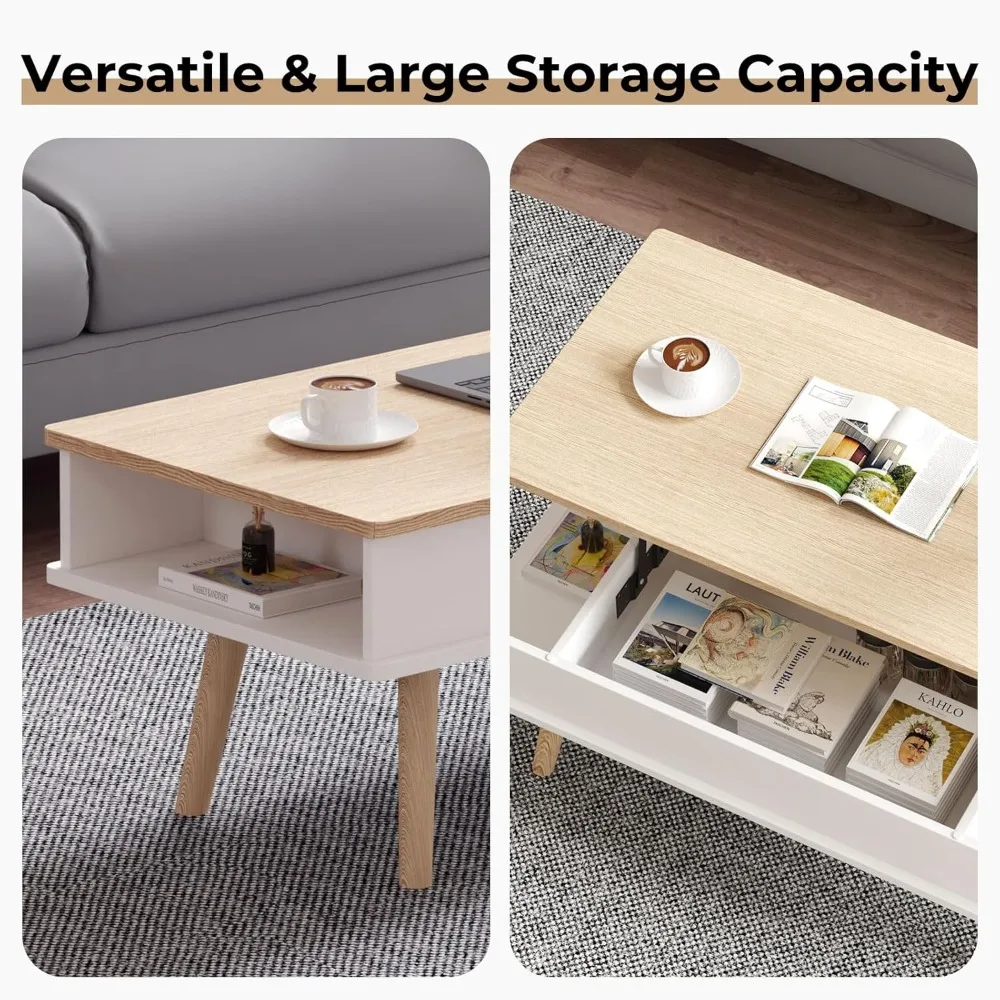 طاولة القهوة، دقيقة واحدة لا تتطلب التجميع، طاولة مركزية لسطح الطاولة مع حجرة تخزين كبيرة مخفية، مفتوحة