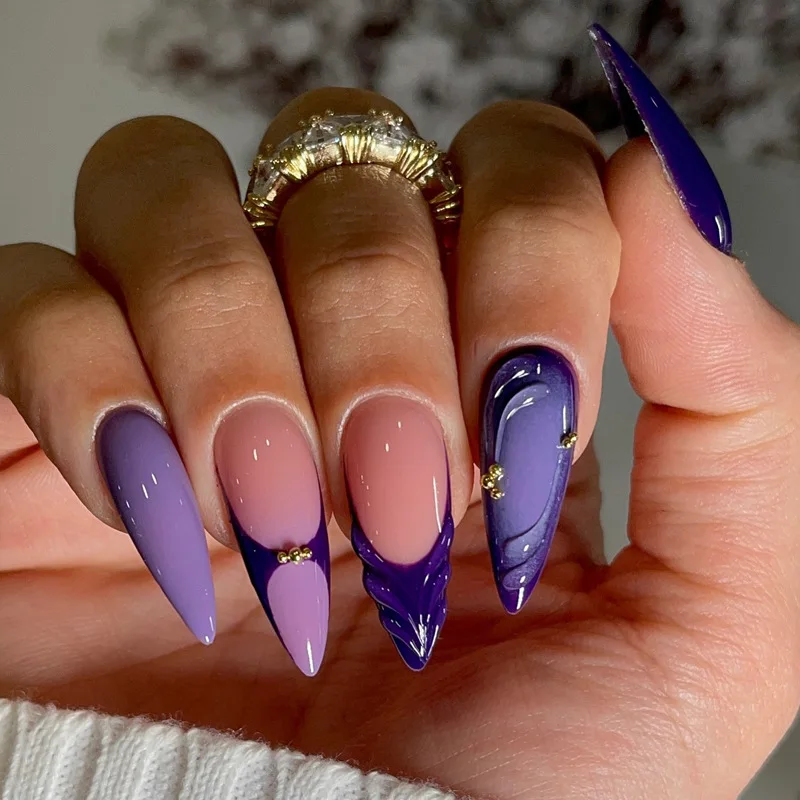 

24PCS Purple Press on Nails Gradient 3D Sculpted Wave Design Gold Bead Decor Glossy Reusable False Nails Edgy Gothic Manicure