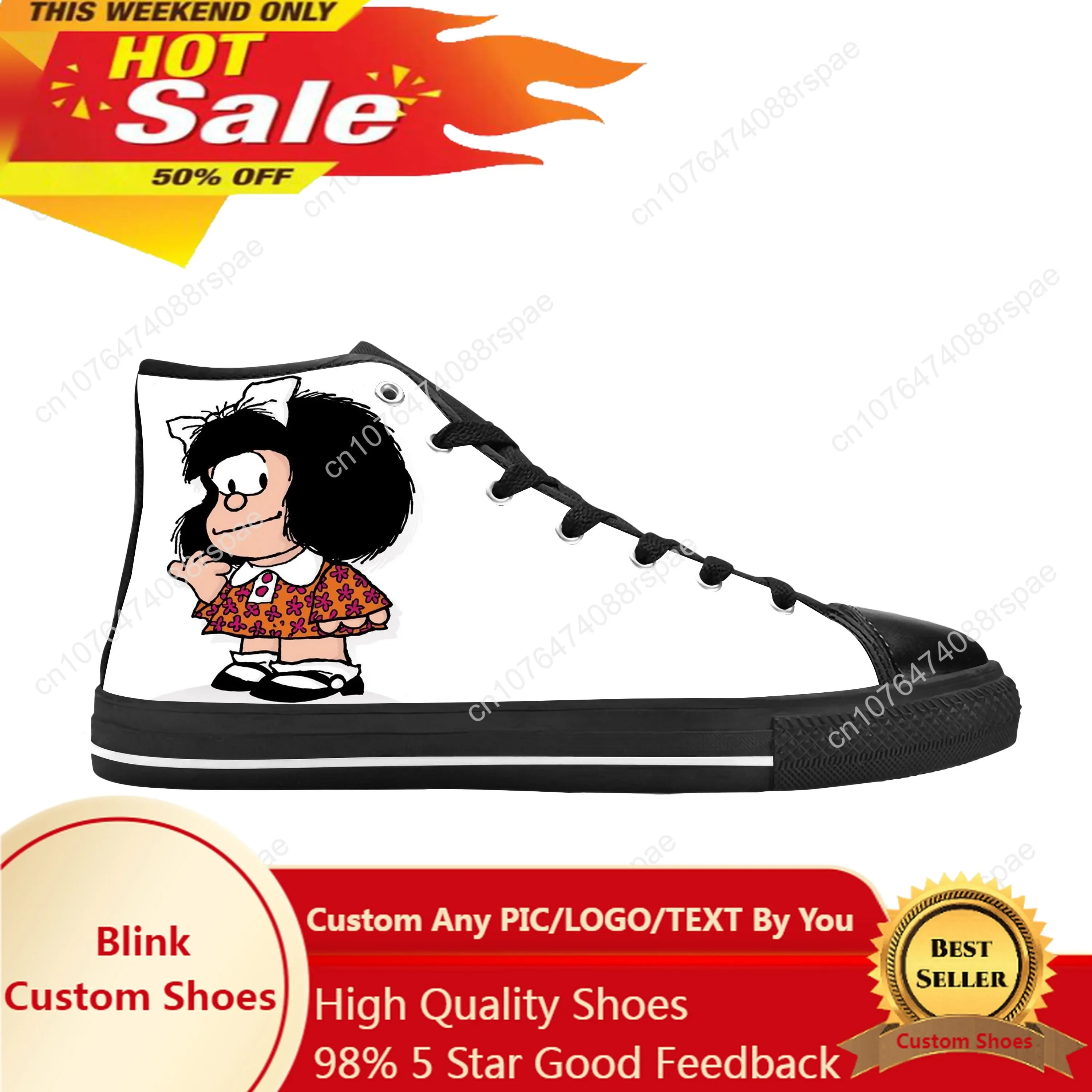 Mafalda Anime Cartoon Sneakers para homens e mulheres, sapatos de pano casuais engraçados bonitos, top alto, confortável respirável, impressão 3D, manga em quadrinhos, quente