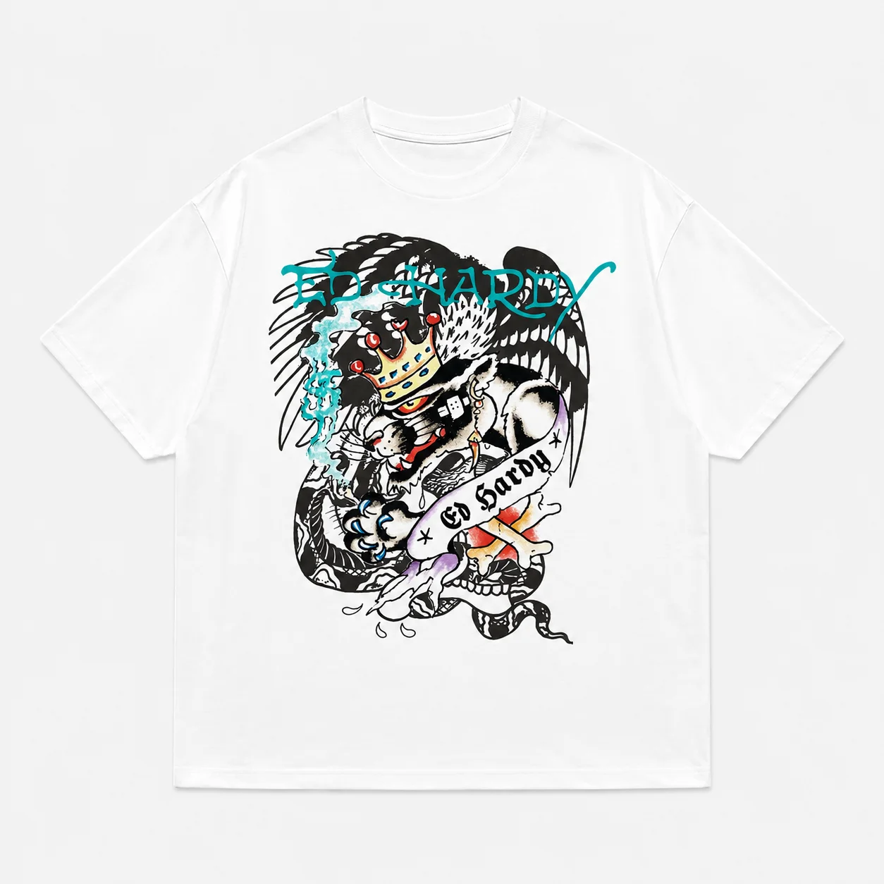 Ed Hardy T-Shirt mit gekröntem geflügeltem Panther, Schlangen- und Kreuzbein-Print, Unisex, locker geschnitten, Oversized, Harajuku Streetwear, Baumwolle – Detail 3