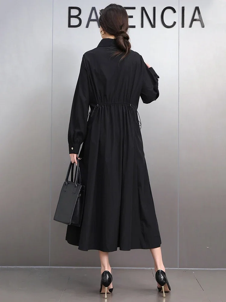 XITAO Draw Rope Single Breasted Fold Full Sleeve Dress Fashion Vintage French Solid Color Loose Slim Autumn Women Dress GMM1165