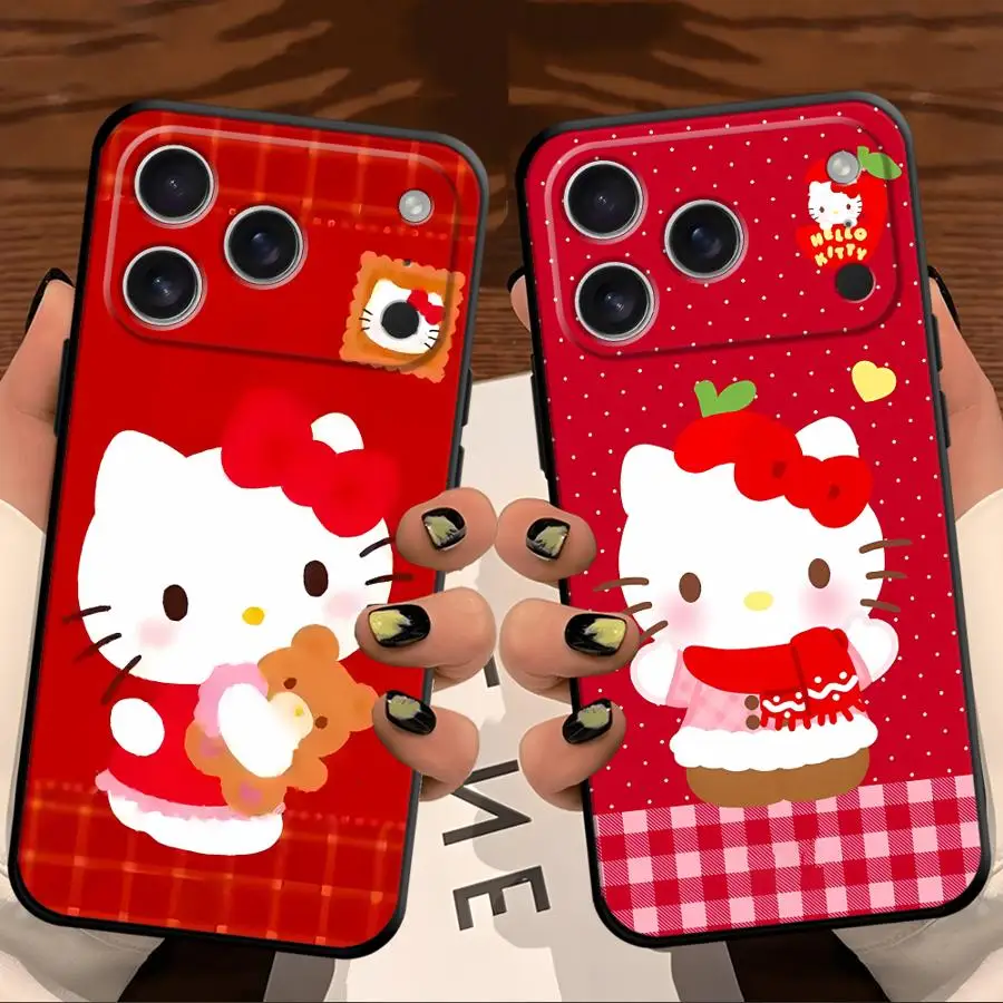 かわいいハローキティ新年ブラックソフトフォンカバーケース iPhone 13 12 11 17 Pro Max XR XS Max 15 16 14 Plus 7 8 17Air対応