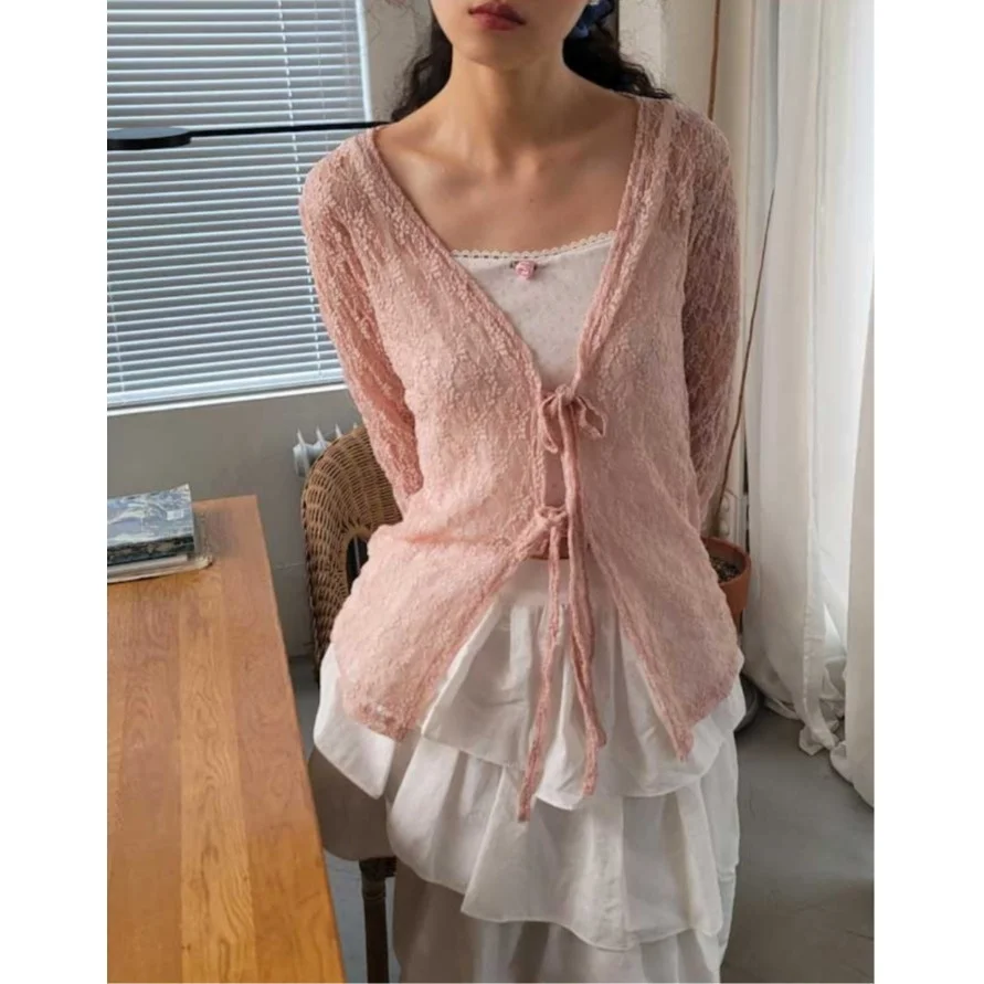 

Sweet Chic Tee Color Lace up Cardigan Knot 3D Embroidery Pure Color Spring Autumn Winter Women's Korean Sle Swe...