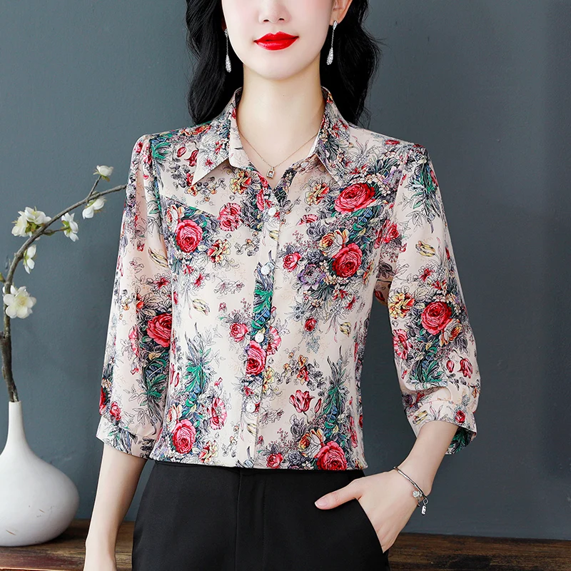 Turndown Collar Chiffon Shirt 2024 Spring Summer Women Blouse New 3/4 Single-breasted Floral Printed Tops