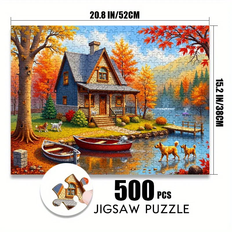 [가을 호수 직소 퍼즐] 500/1000피스 직소 퍼즐 - 개와 호수가 있는 가을 호숫가 오두막 장면, 긁힘 방지 프리미엄 판지, A