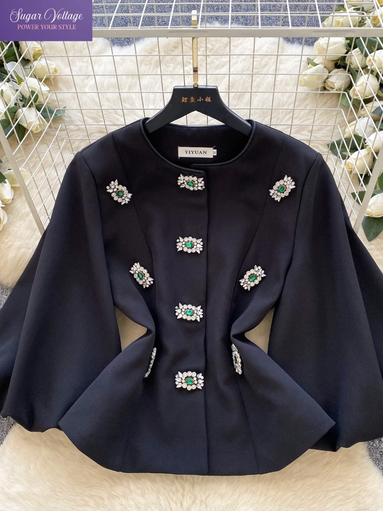 French Fashion Elegant Luxury Crystal-Trim Short Jacket for Women Autumn Lantern-Sleeve Round-Neck Waist-Cinched Chic Tweed Tops