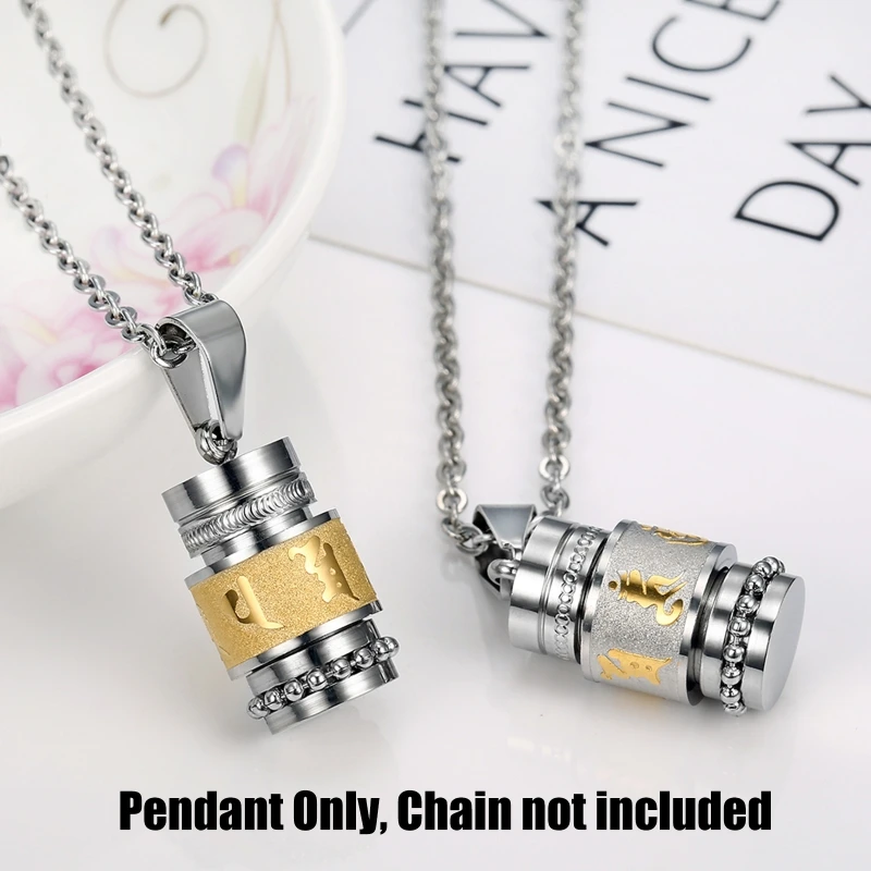 Stainless Steel Buddhism Six Words Rotatable Necklace Women Men Prayer Wheel Bottle Urn Pendant Necklace