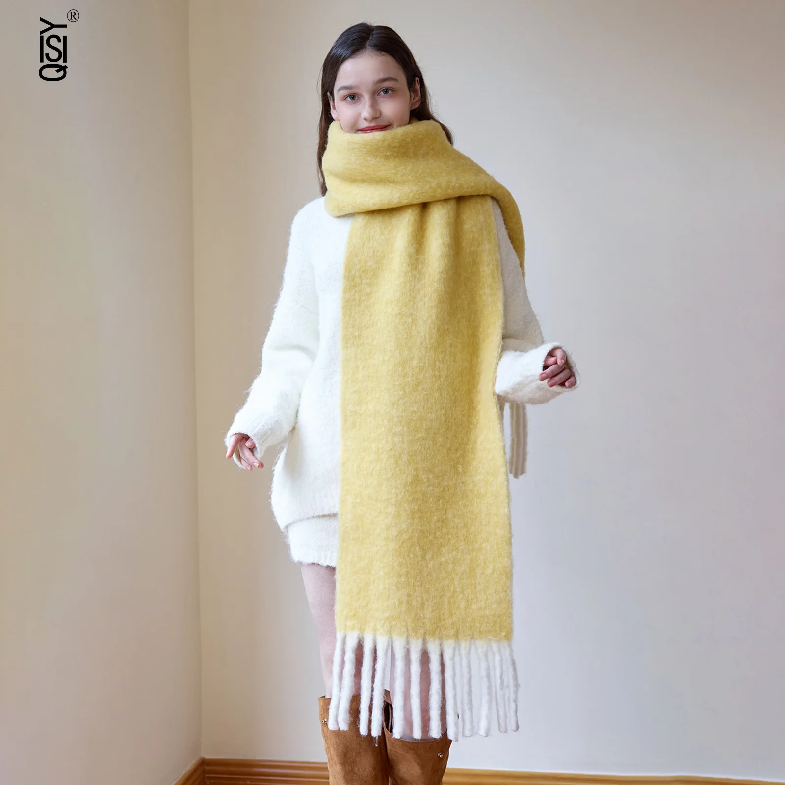 Lenço de lã estilo suave para mulheres xale de cor sólida espessada e quente